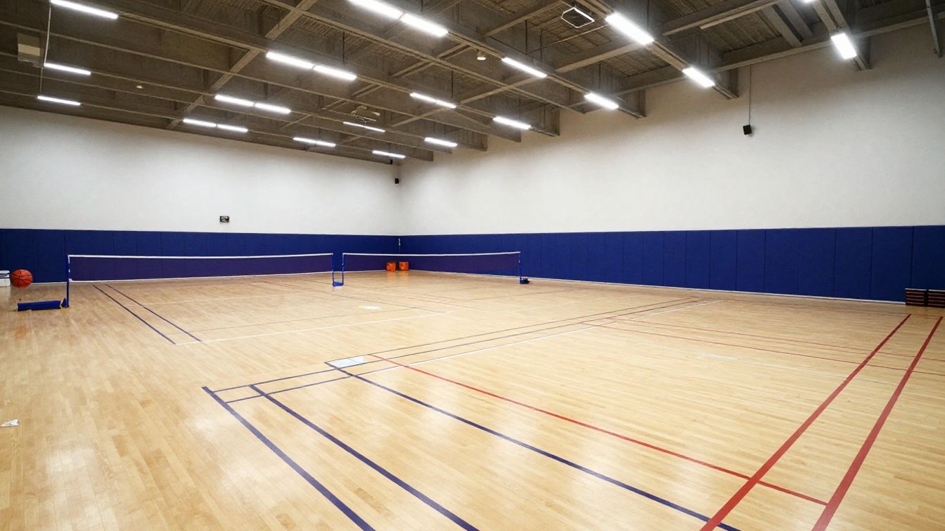 Sports hall floor showing multiple court layouts