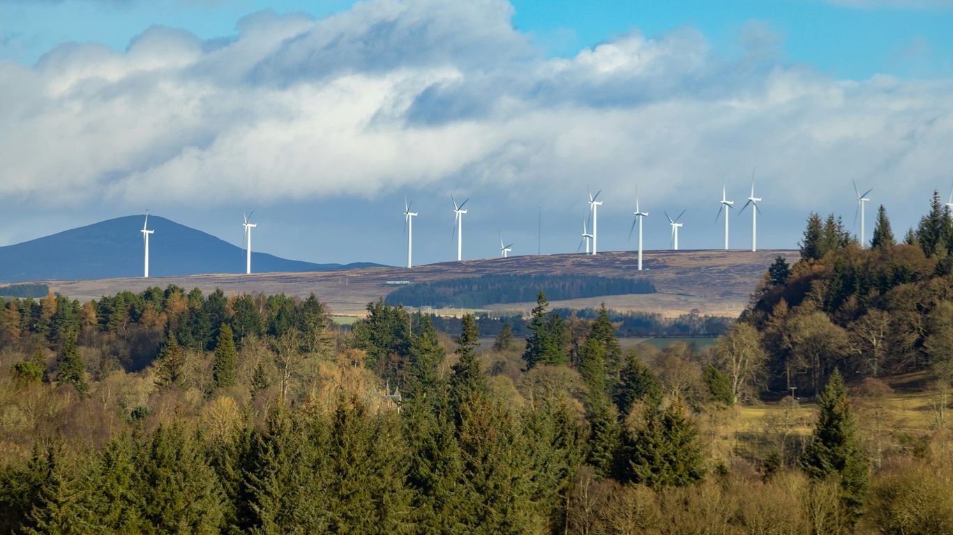 a group of wind turbines in a forest