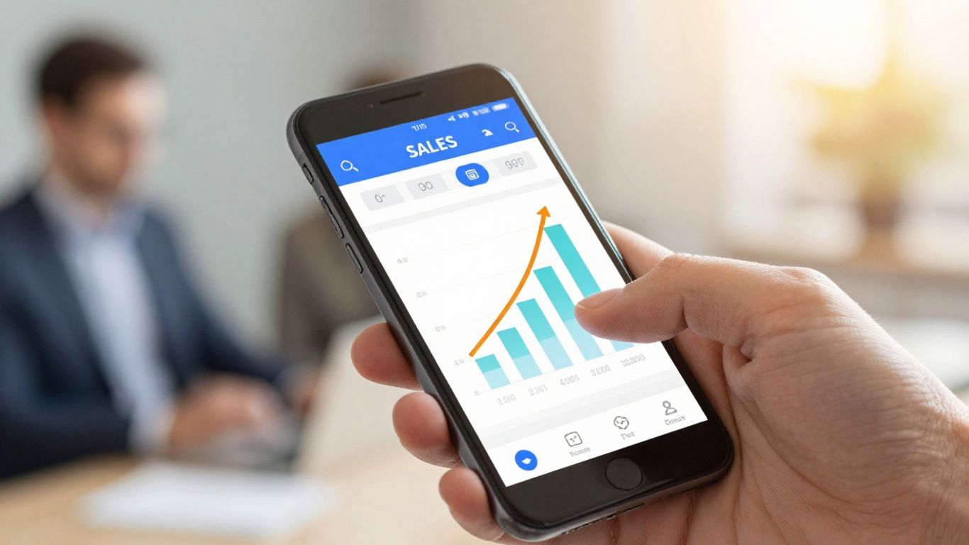 Hand holding phone with sales funnel graphic.