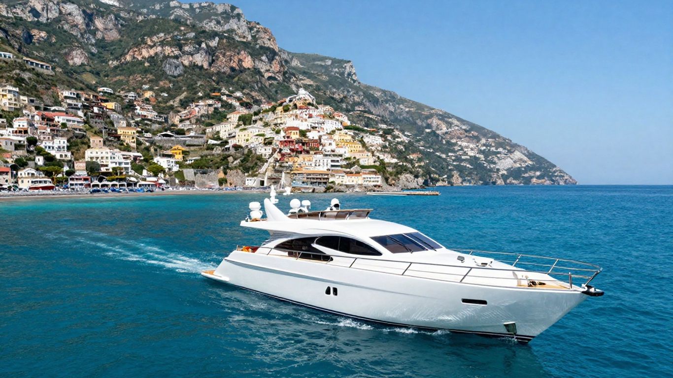 Luxury yacht sailing Amalfi Coast waters with cliffs and villages.