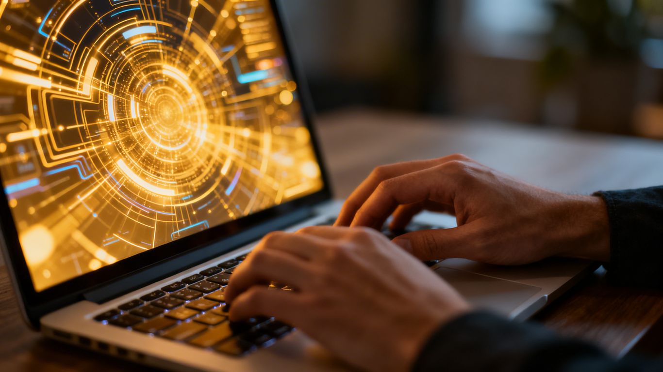 Hands building a project on a laptop.