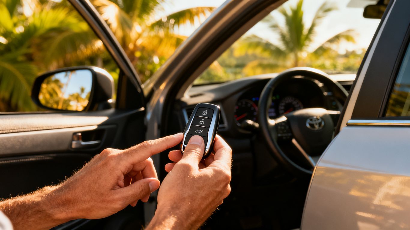 Driver testing a car key fob near vehicle
