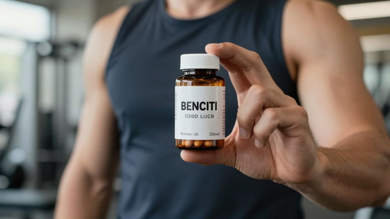 Tamoxifen bottle in hand, fitness background