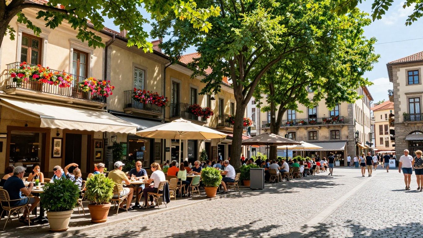 Sunny European city square with flowers and outdoor cafes.