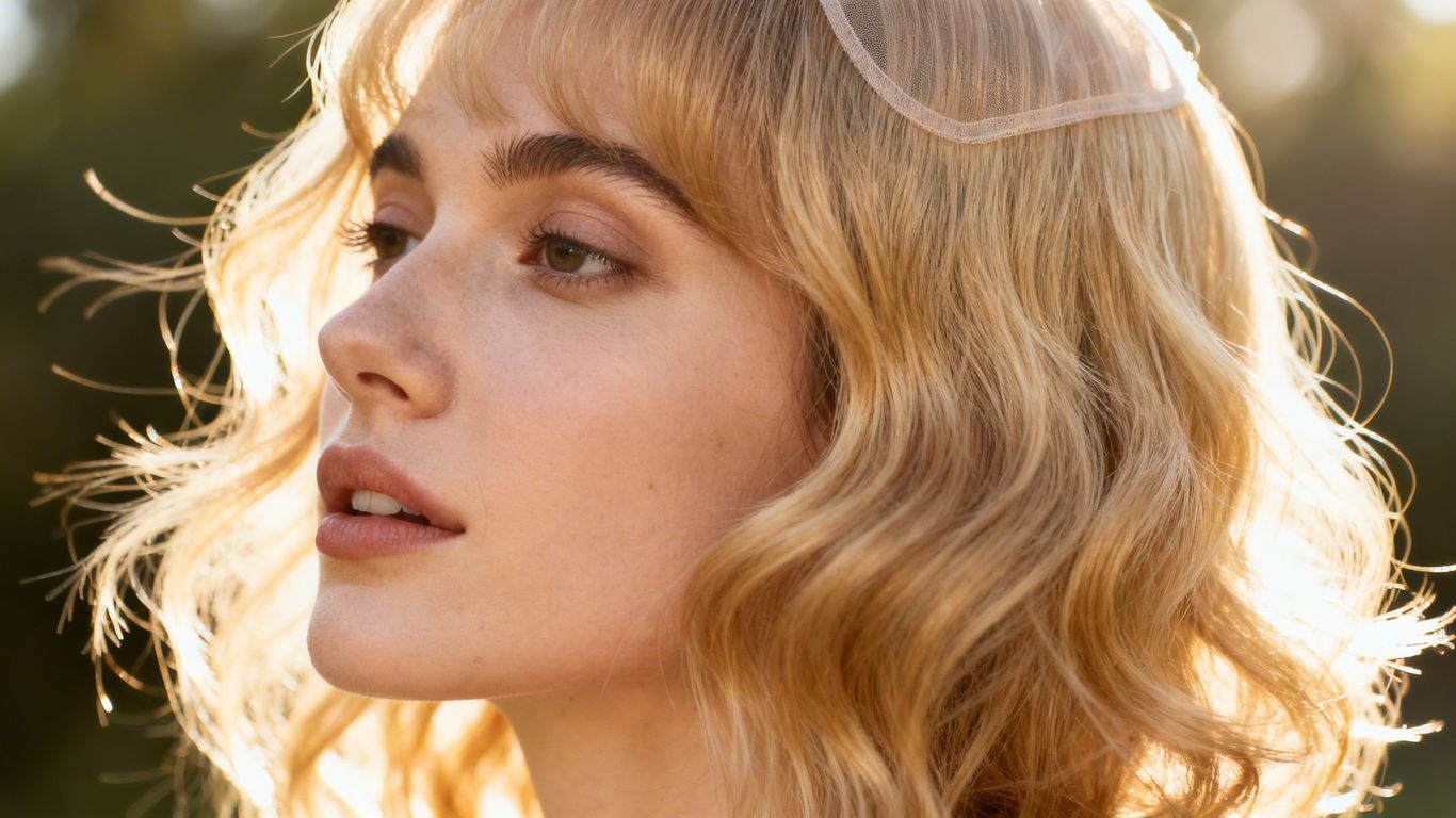 Woman wearing a lightweight synthetic hair topper for spring.