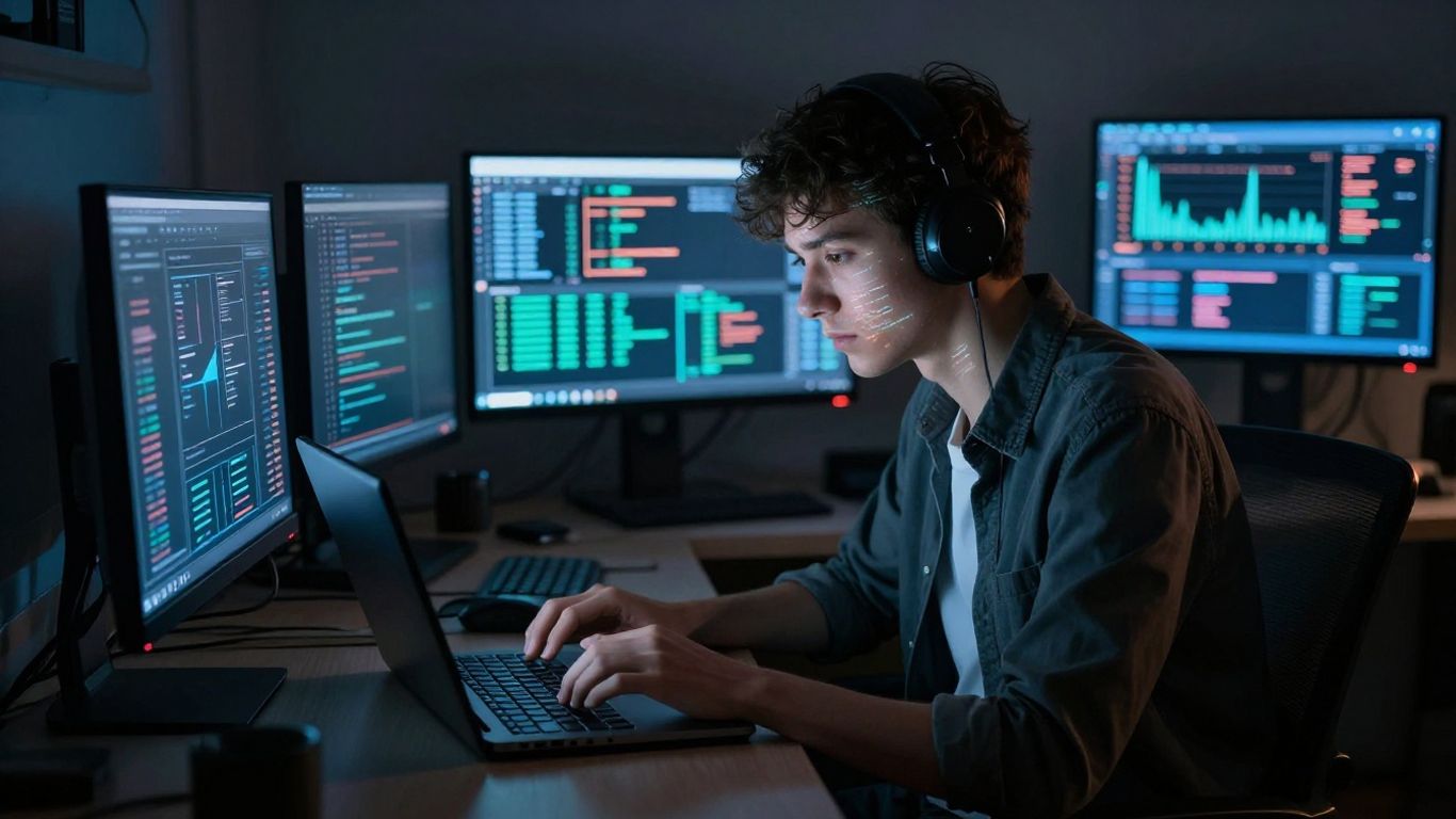 Beginner using laptop trading bot in modern workspace