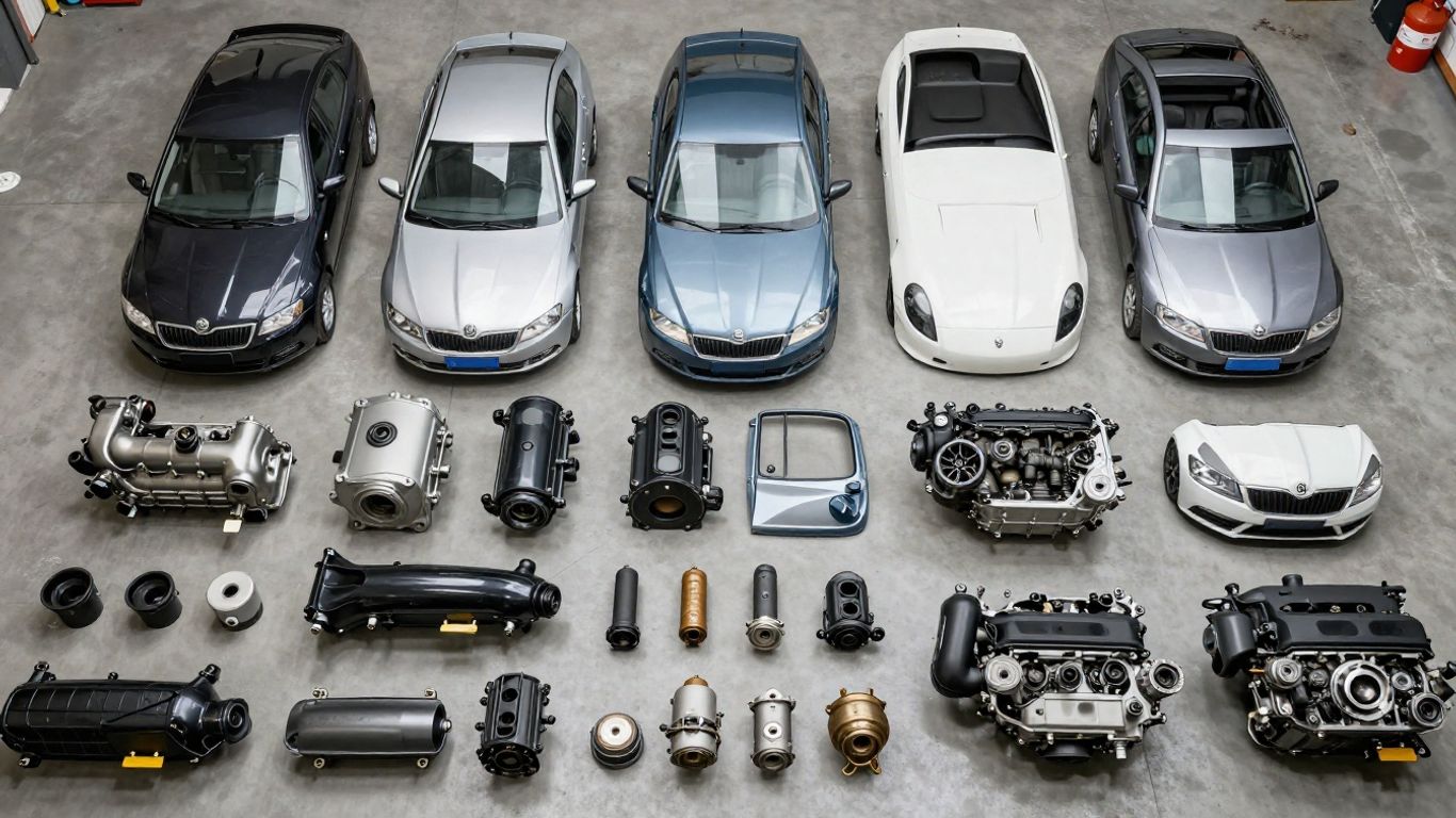 Skoda car parts in a dismantling yard.