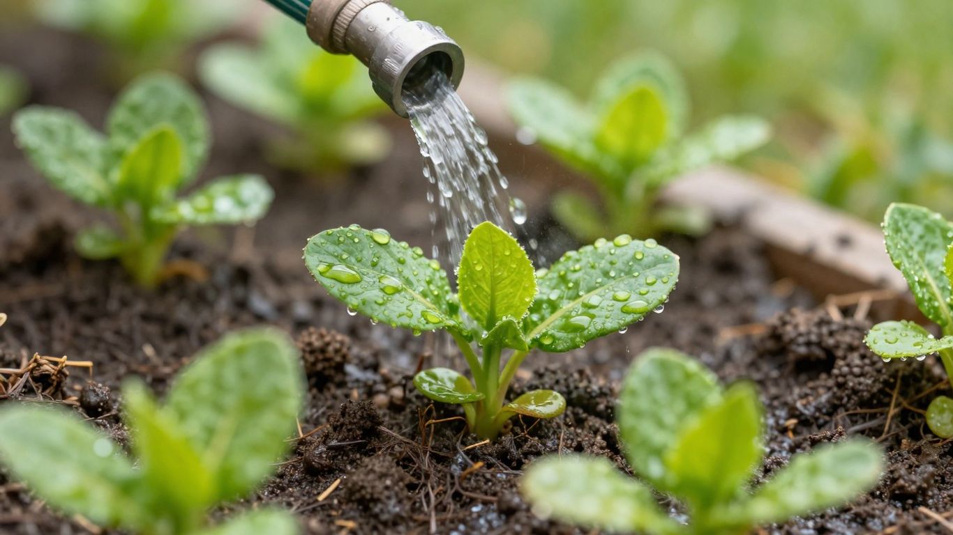 Gartenbewässerung im Frühling mit einem Gartenschlauch.