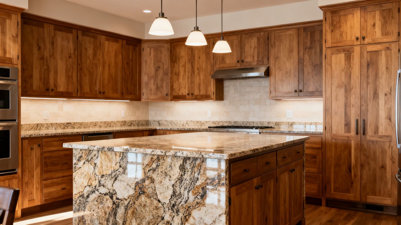 Modern granite kitchen with warm natural lighting