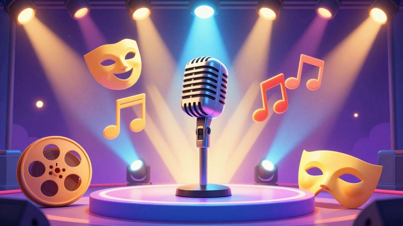 Entertainment pronunciation guide with microphone and icons.