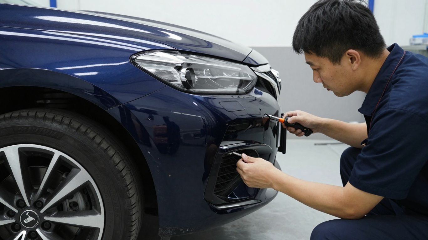 Technician aligning BMW panel in repair bay
