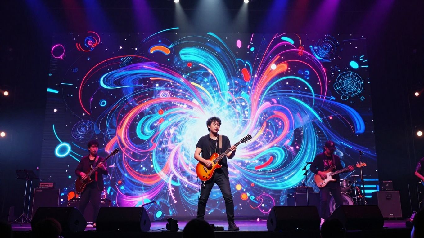 Musician performing on a futuristic stage with neon lights.