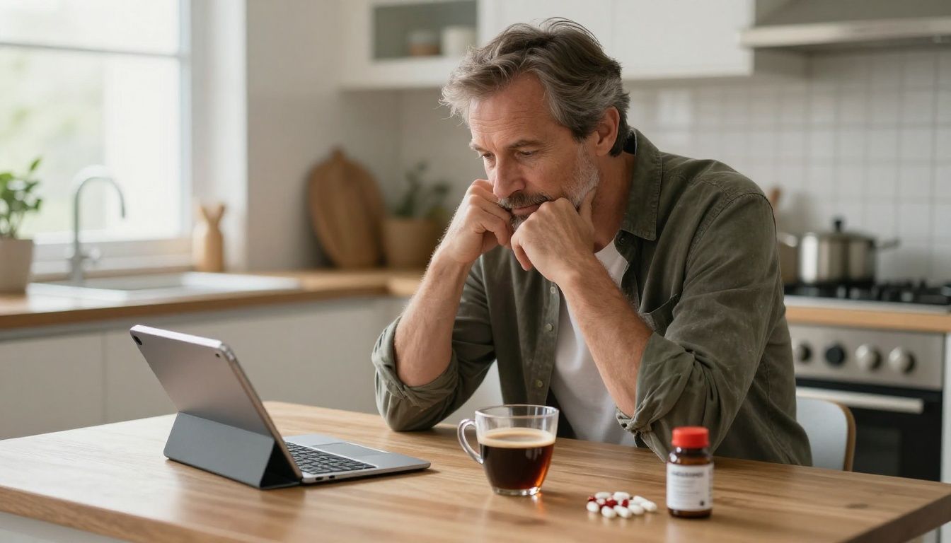 A man in his 40s sits at his kitchen counter in the morning light, thoughtfully reviewing his health protocol on a tablet next to a cup of coffee and some supplements.