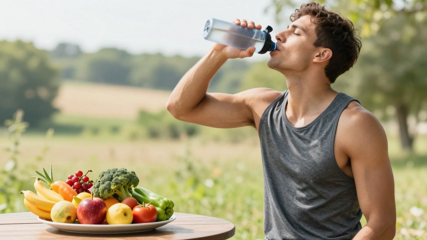 Person hydrating and eating healthy food outdoors in summer.