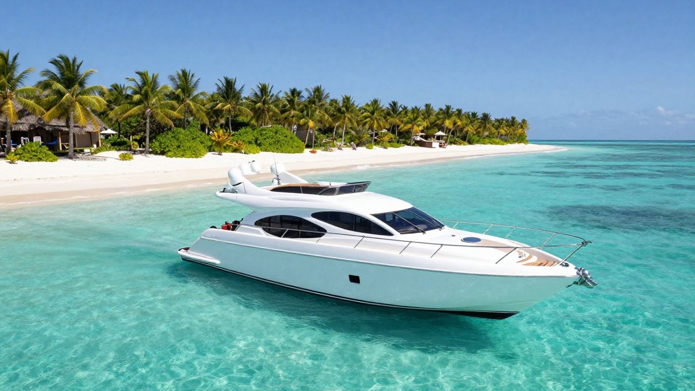 Luxury yacht sailing in clear turquoise Bahamian waters.