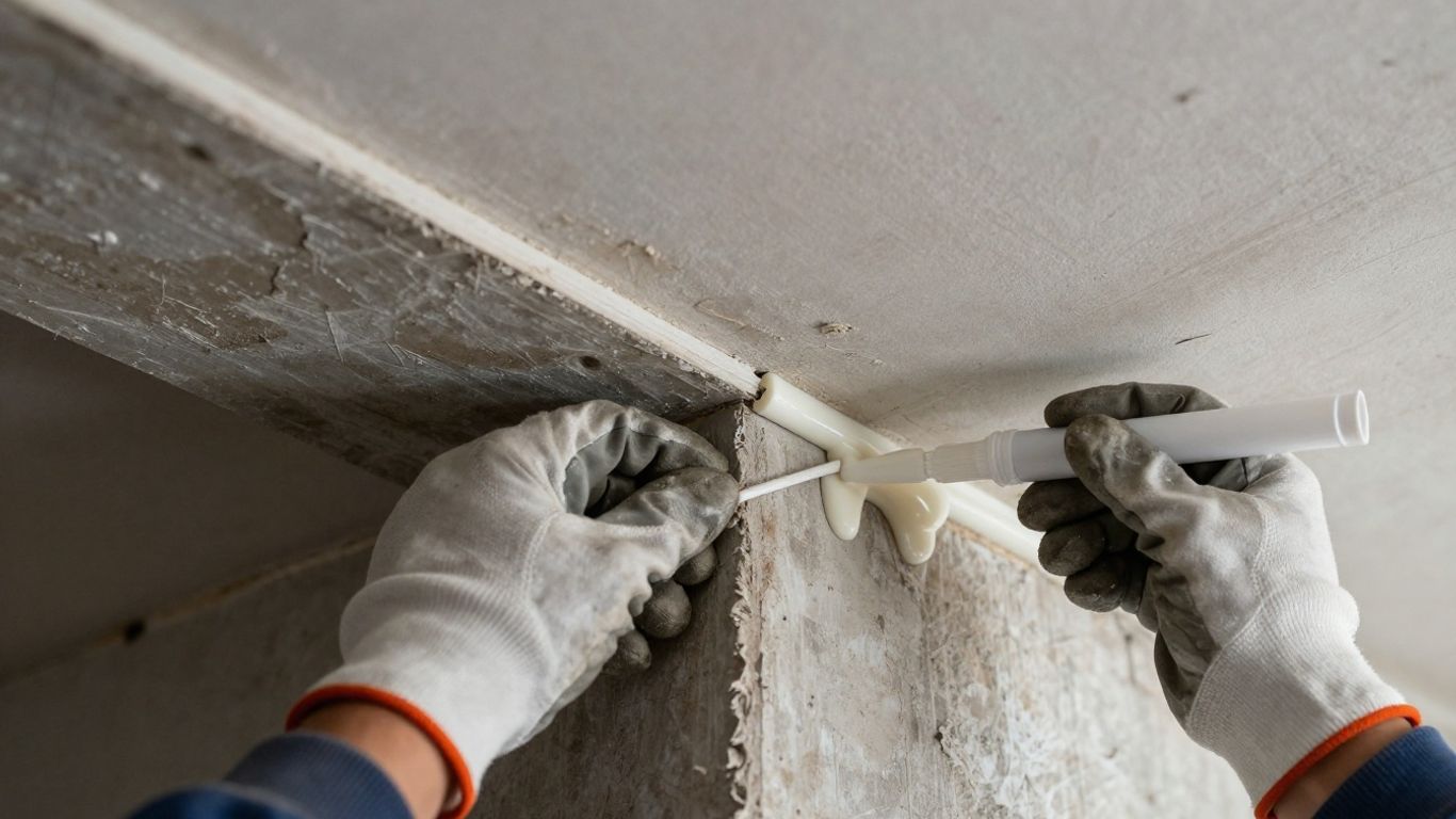 Worker applying sealant to a building joint.