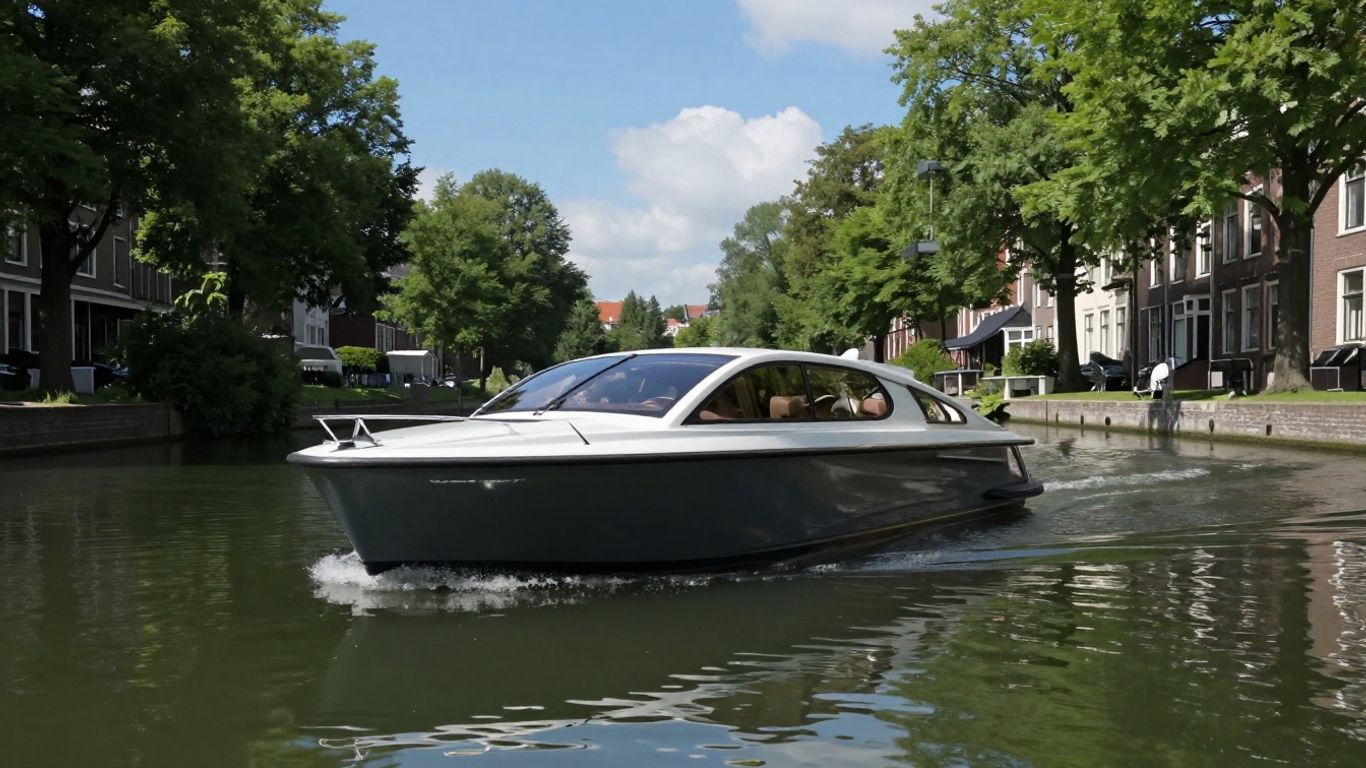 Elektrische boot vaart door grachten met gebouwen.