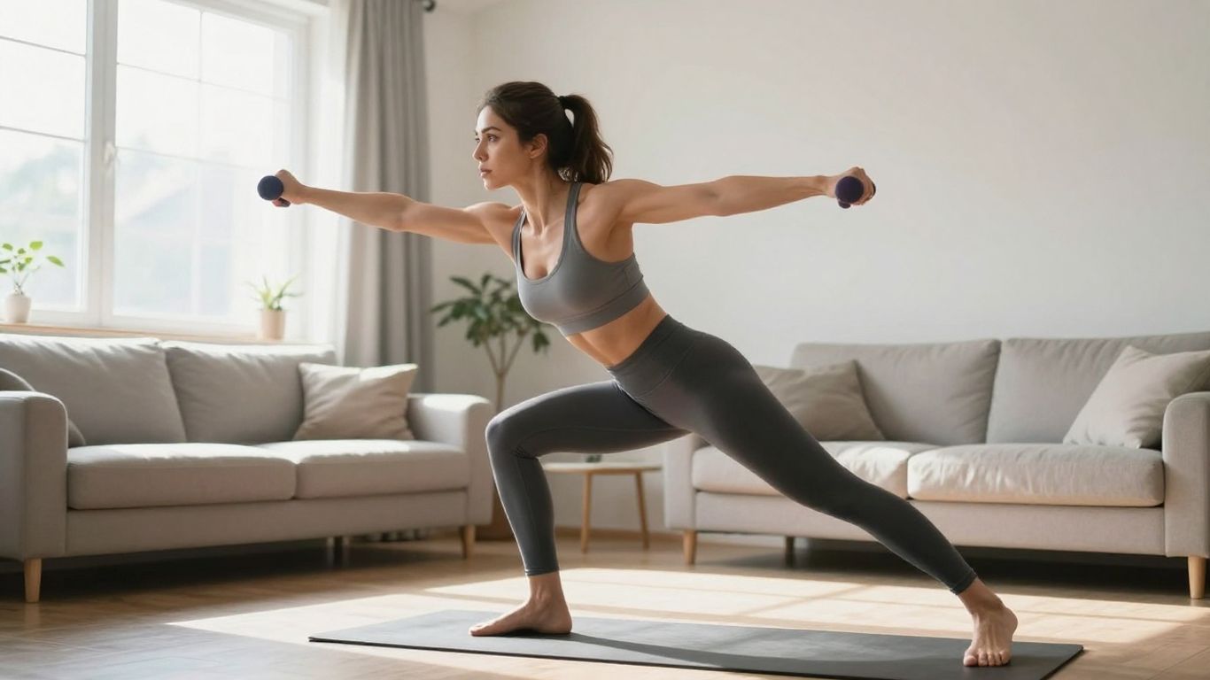 Woman performing dumbbell rows at home.