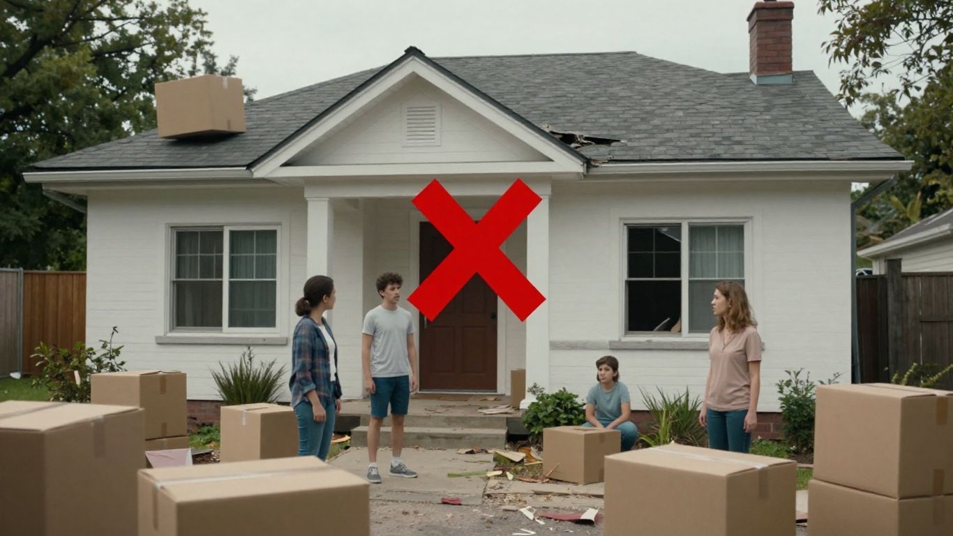 Casa inhabitada con cajas de mudanza y familia preocupada.