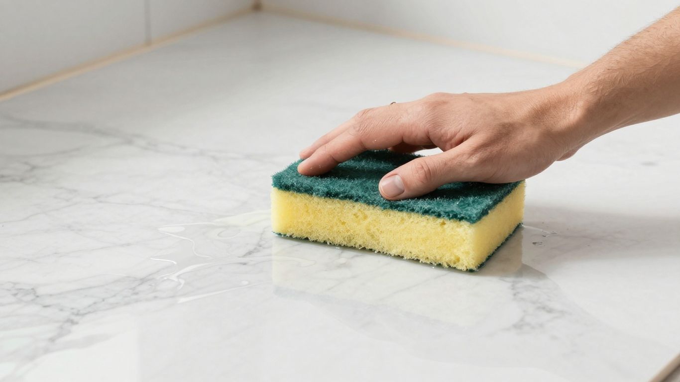 Contractor using damp sponge on marble tile