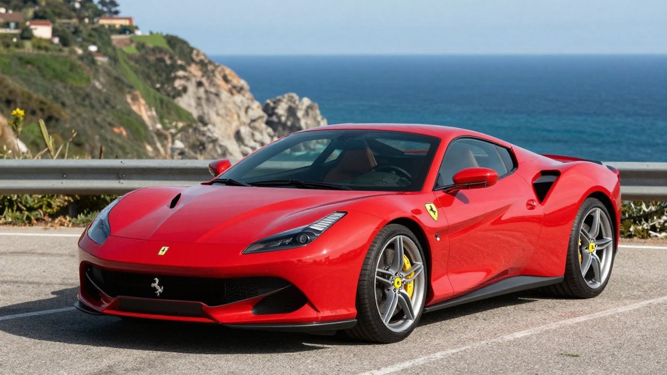Red Ferrari Portofino on a scenic coastal road.