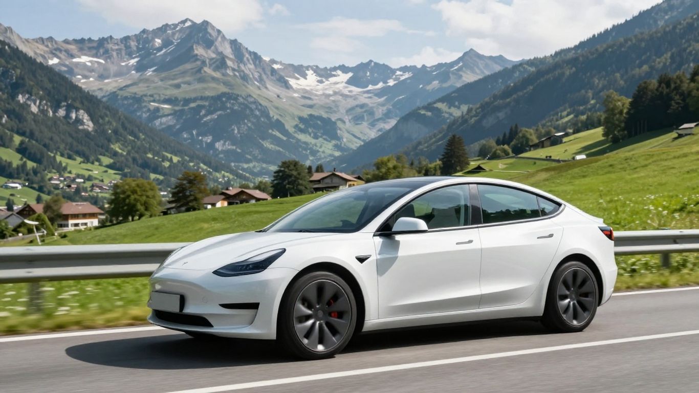 Tesla Model 3 auf Schweizer Bergstraße