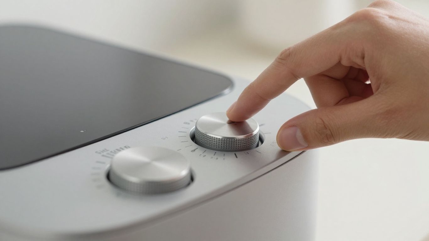 Hand adjusting dial on modern countertop appliance.