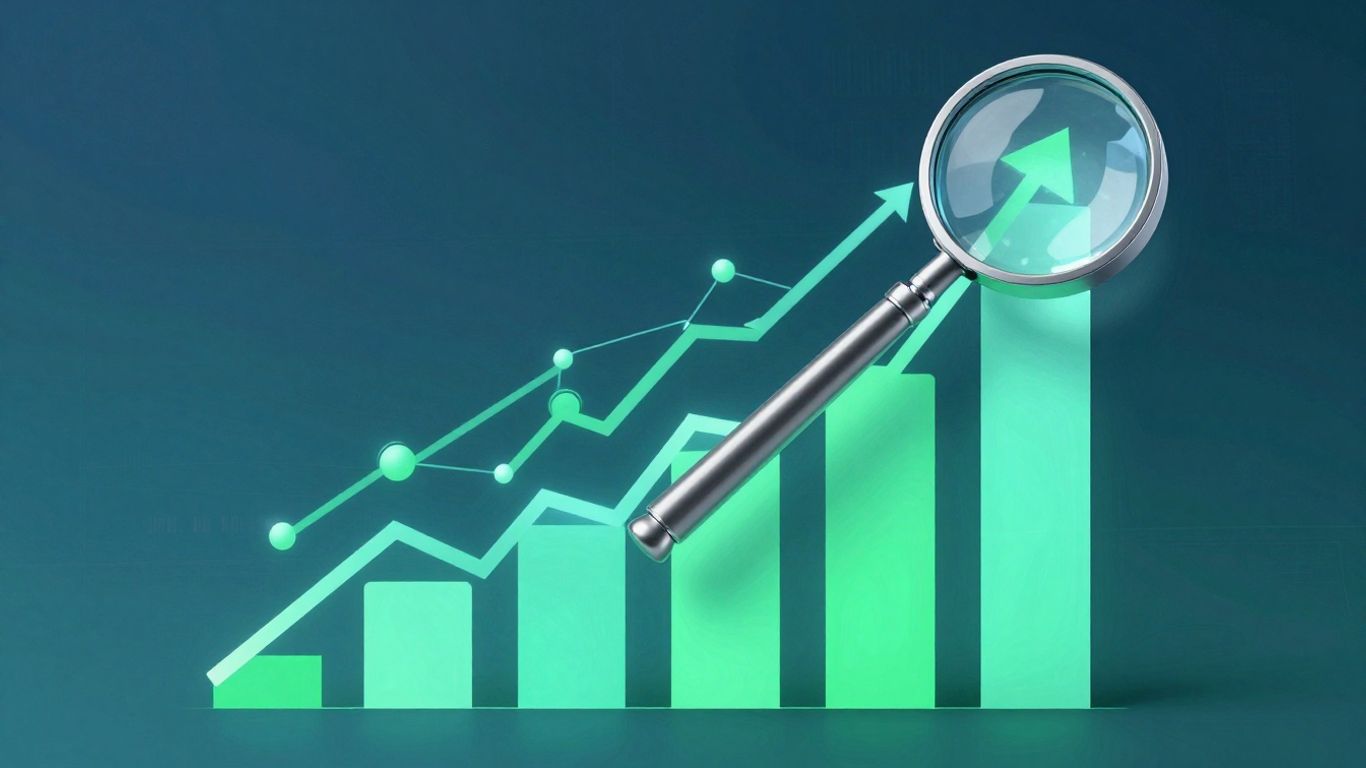 Magnifying glass over abstract digital growth visualization.
