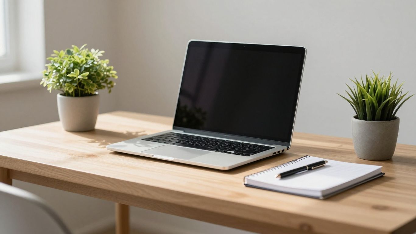 Minimalist desk with laptop and plant.