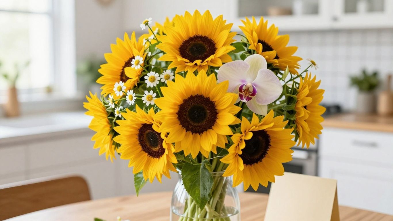 A colorful bouquet beside a handwritten note