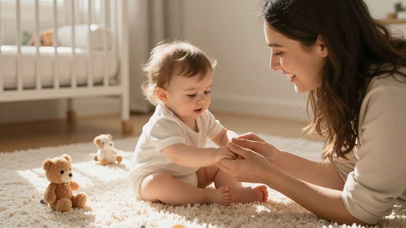 Parent and toddler in a bright, cheerful nursery.