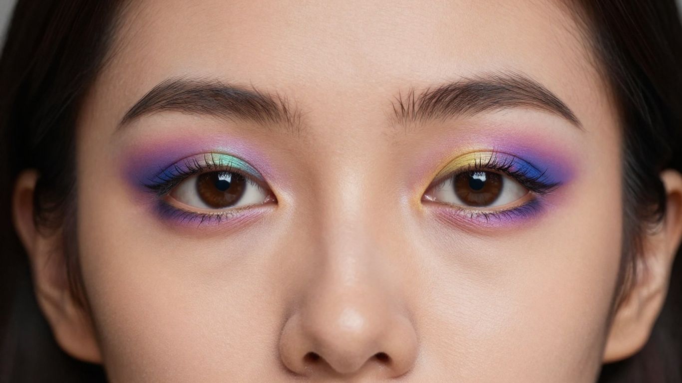 Woman with mixed skin tone and colorful eye makeup.