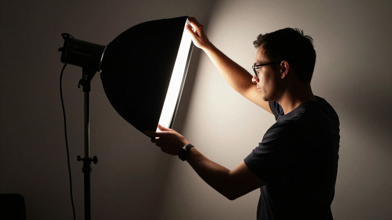 Photographer adjusting studio lighting for a photoshoot.