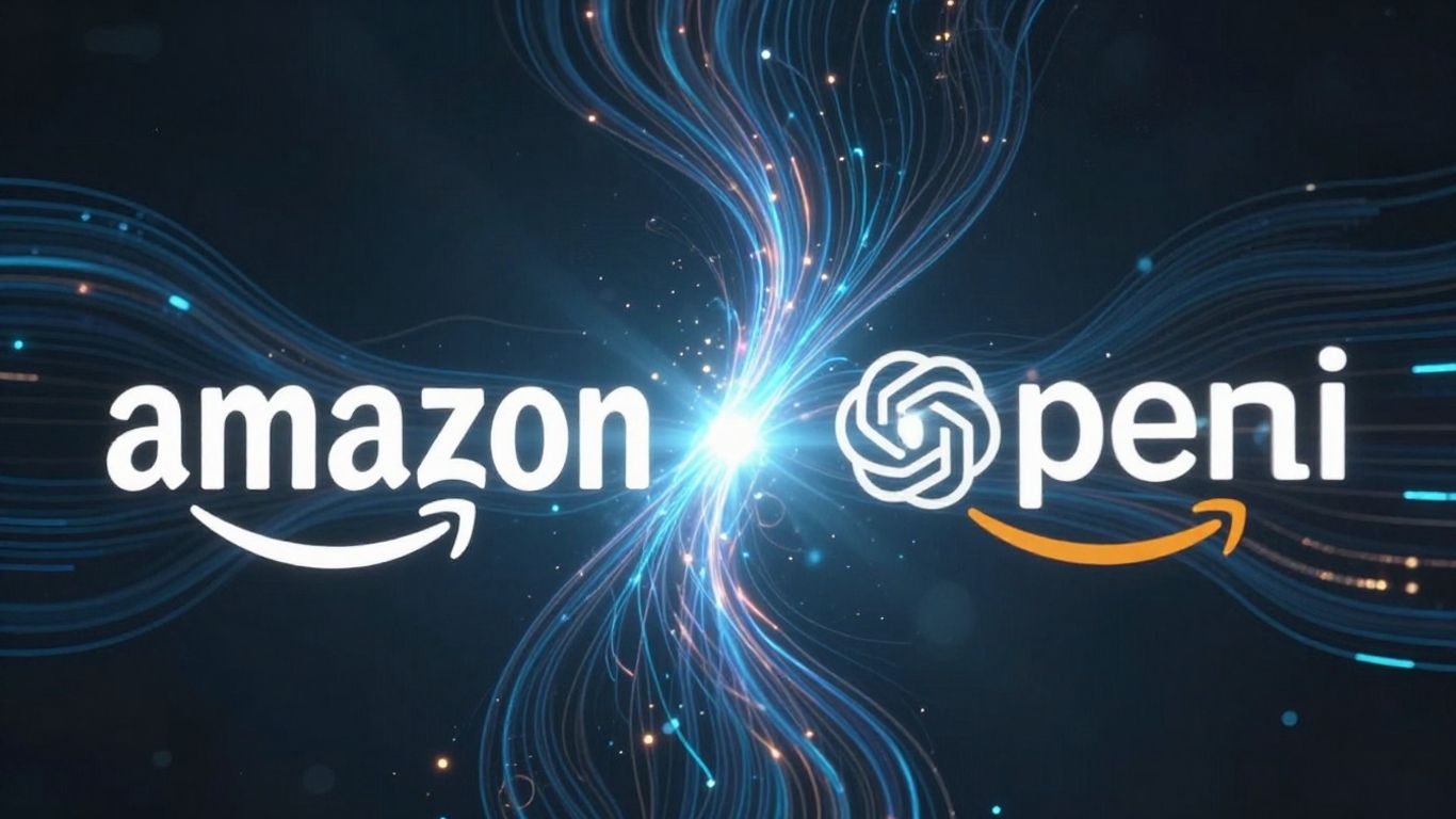 Amazon and OpenAI logos merging with digital energy.