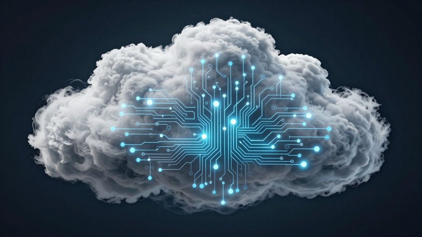Stylised cloud with digital circuits and glowing nodes.