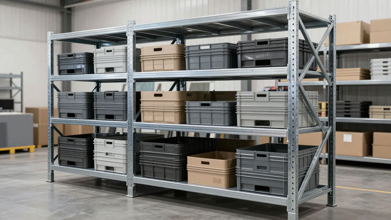 Heavy duty racks filled with storage bins.