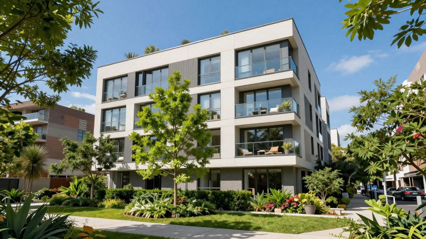 Oaks Mews Apartments Brisbane exterior with lush greenery.