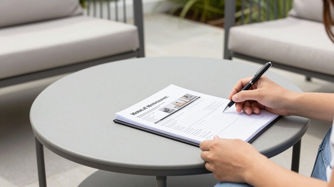 Reading outdoor furniture warranty details at home