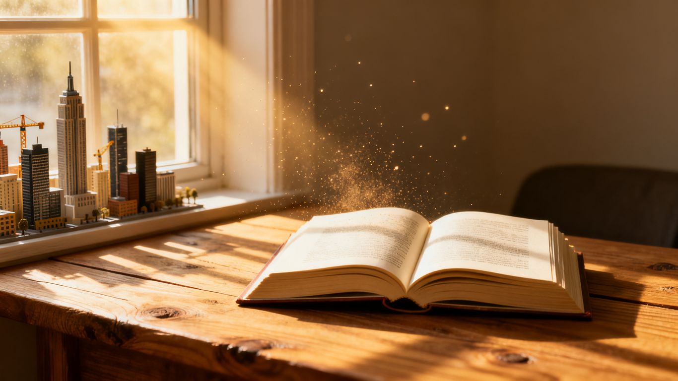 Books about real estate crowdfunding with a cityscape view.