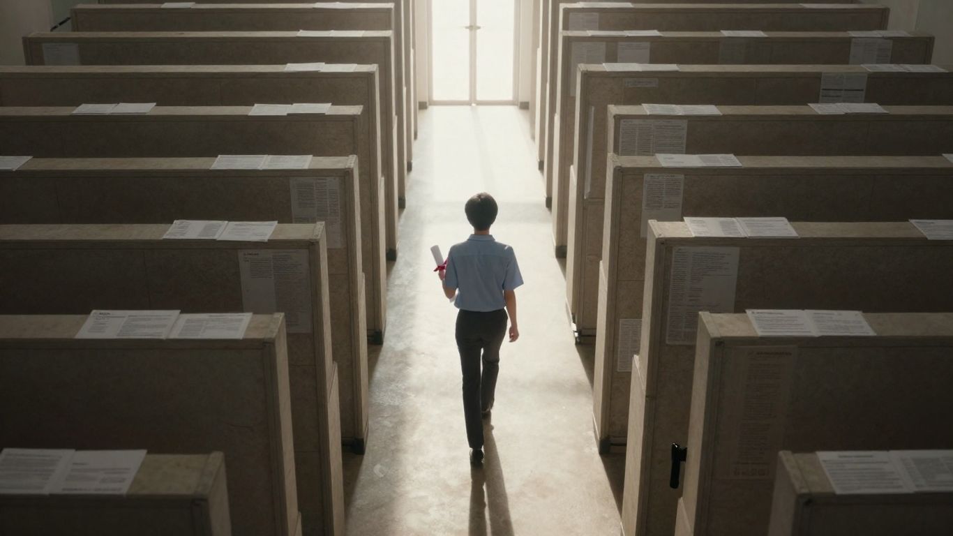 Student navigating a maze of student loan documents.