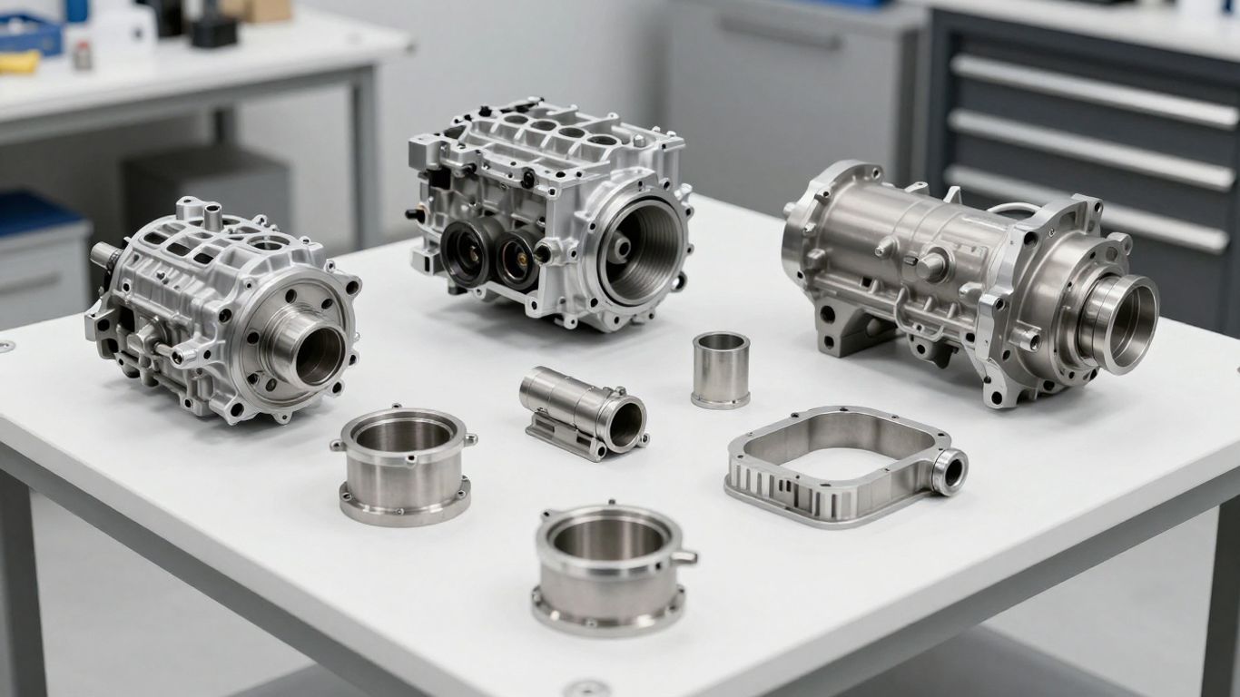 Engine components arranged on a workbench