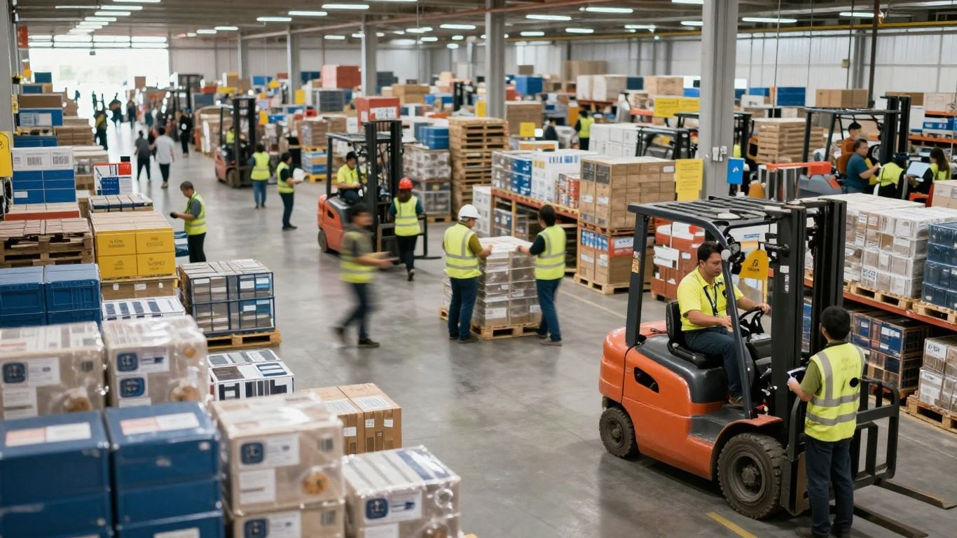 IPS distribution center operations team and forklifts.