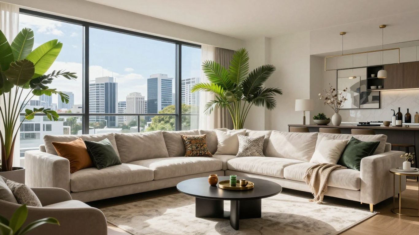 Modern Brisbane apartment living room with city views.