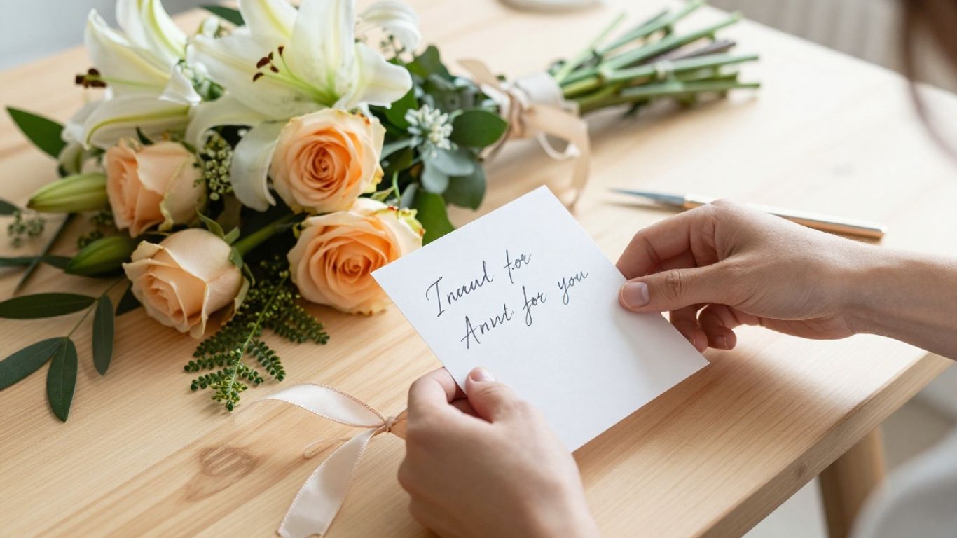 Hands arranging a personalized anniversary bouquet