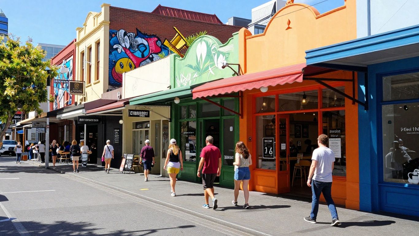 Melbourne laneway with shops and people enjoying weekend.