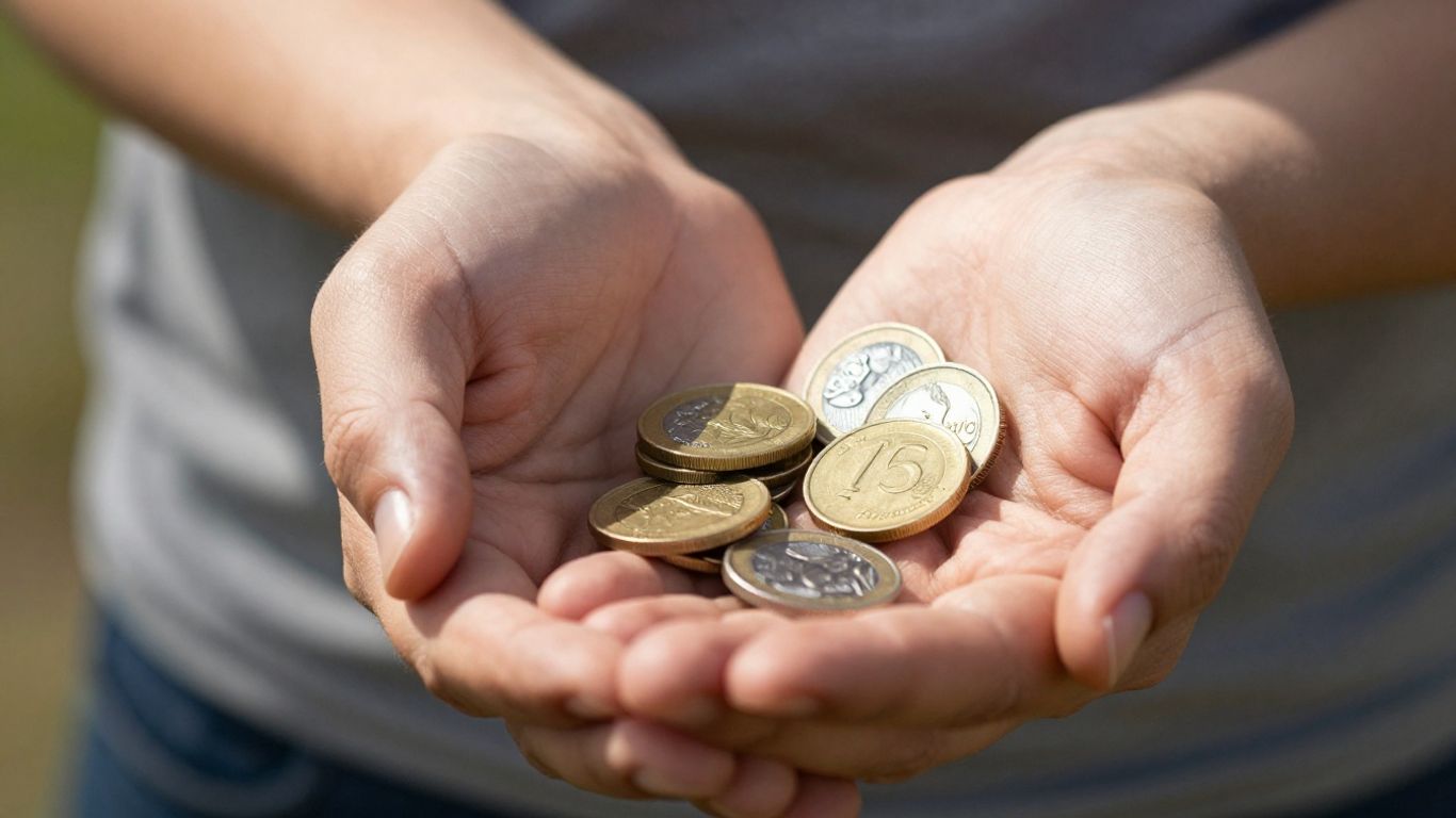 Australian dollar coins held in hands.