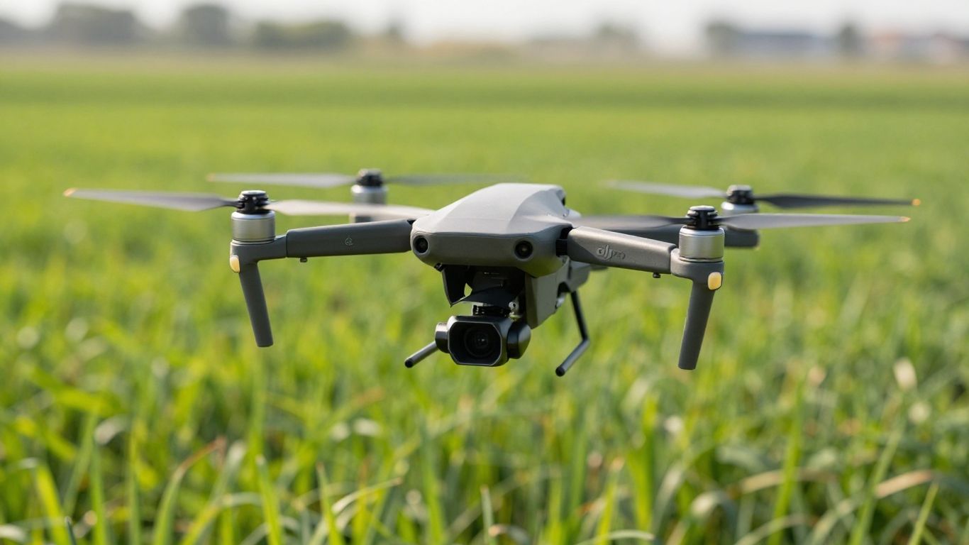 DJI Agras T40 drone flying over a green field.