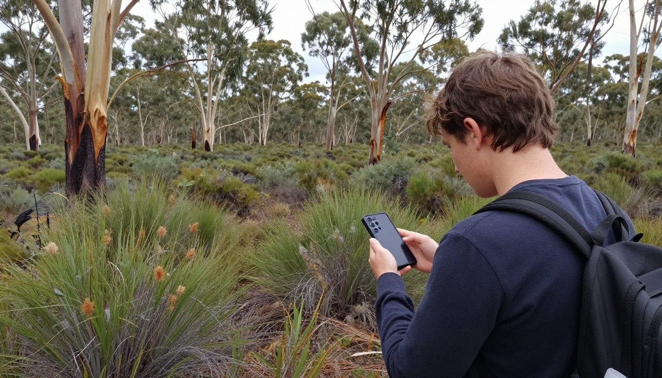 A person on a bushwalk in Australia, pausing to look at their Galaxy S23 Ultra in a durable case, with eucalyptus trees in the background.