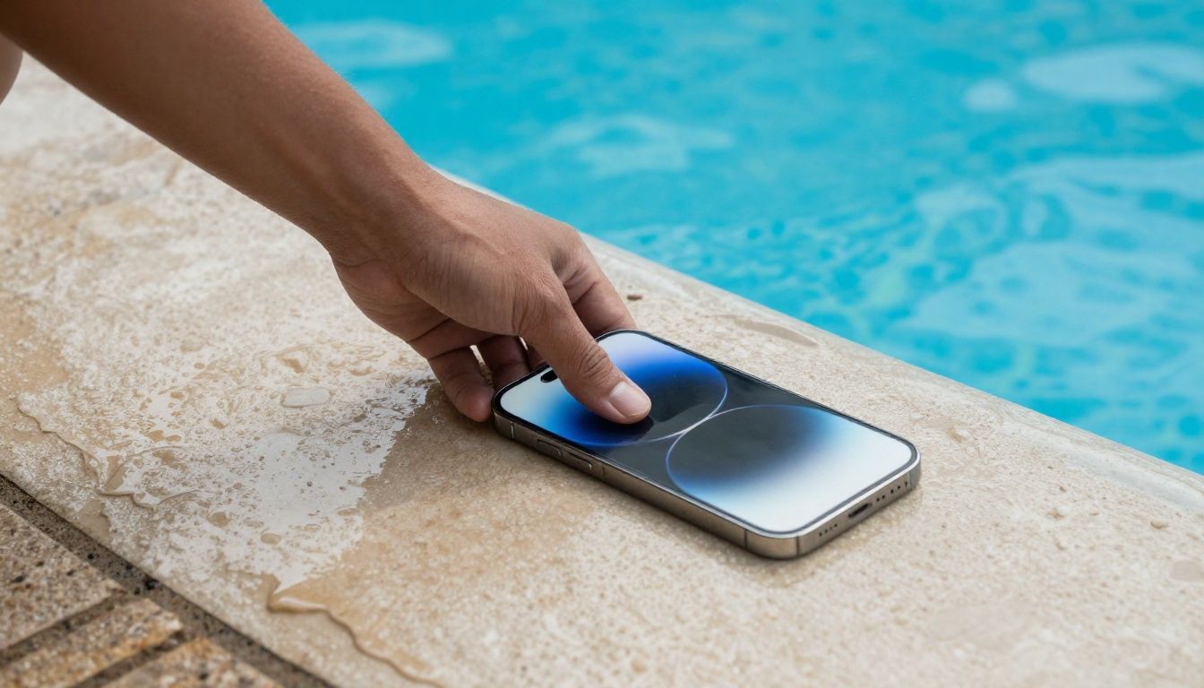 A person accidentally drops their iPhone 15 Pro Max near a swimming pool, highlighting the risk of water damage.