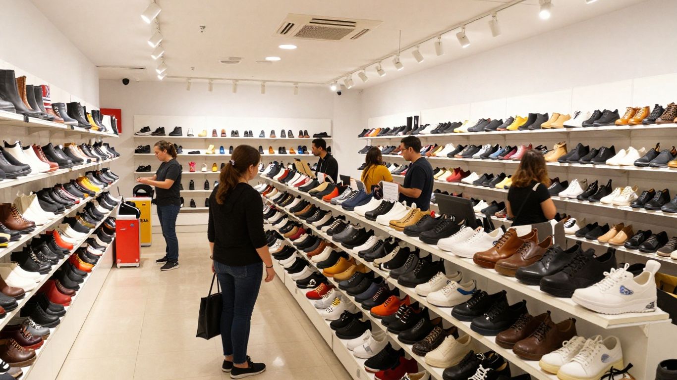 Intérieur d'un magasin de chaussures Brantano avec présentoirs et clients.